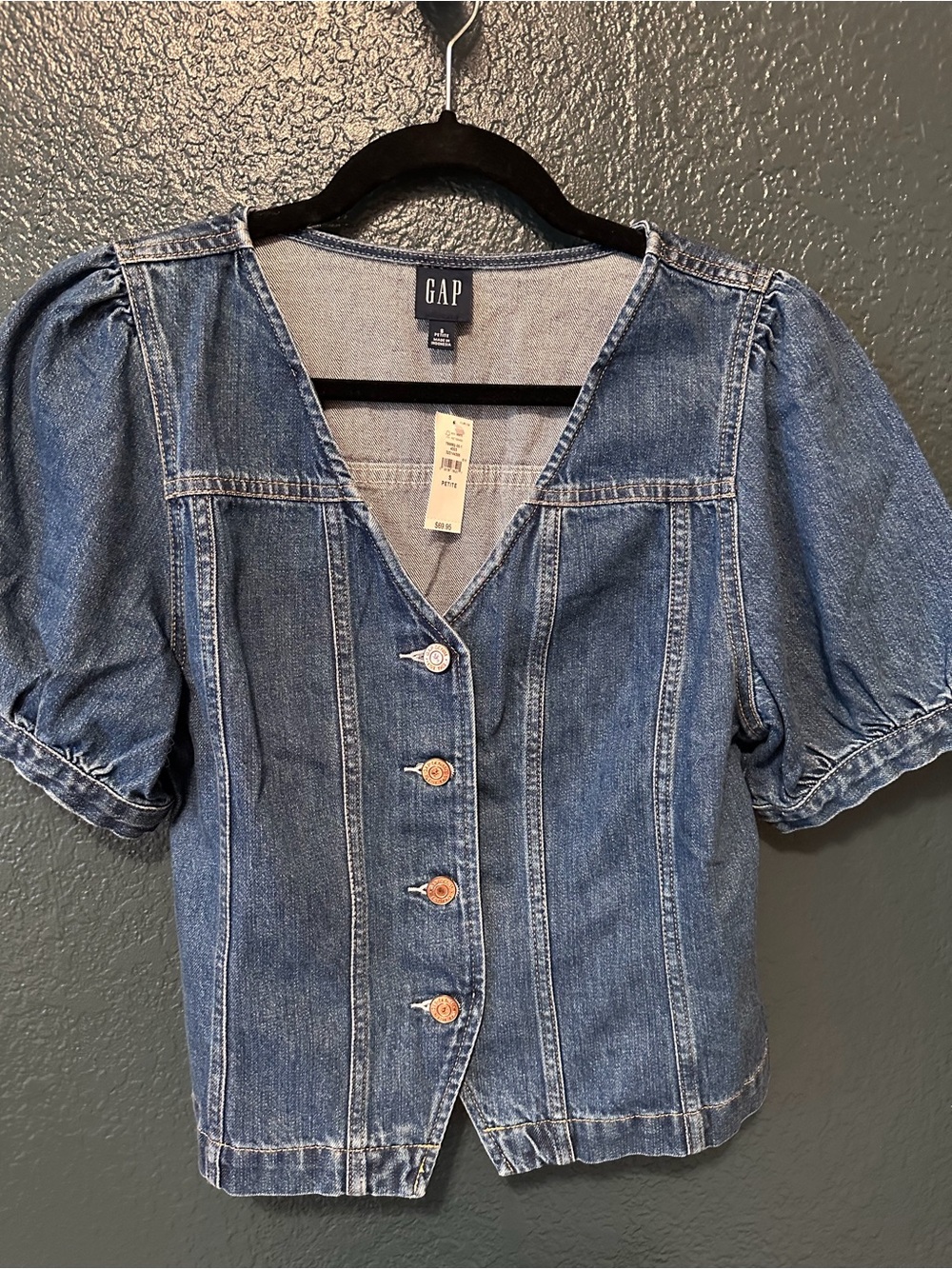 GAP Women's Blue Puff-Sleeve Denim Button-Front Top